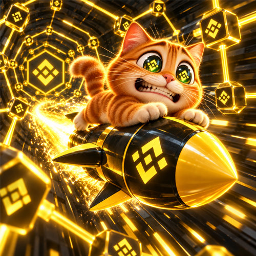 FOMOCAT riding a BNB rocket through a gold tunnel