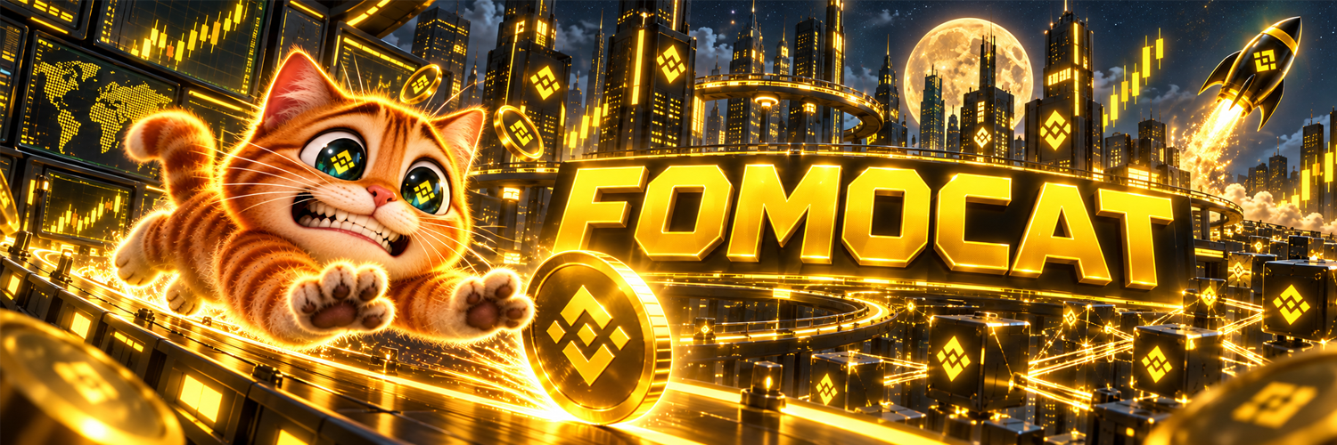 FOMOCAT sprinting through a golden BNB city under the FOMOCAT sign